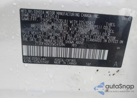 2012 Toyota Rav4 Limited z USA, uszkodzony, nr VIN 2T3DF4DV2CW241264